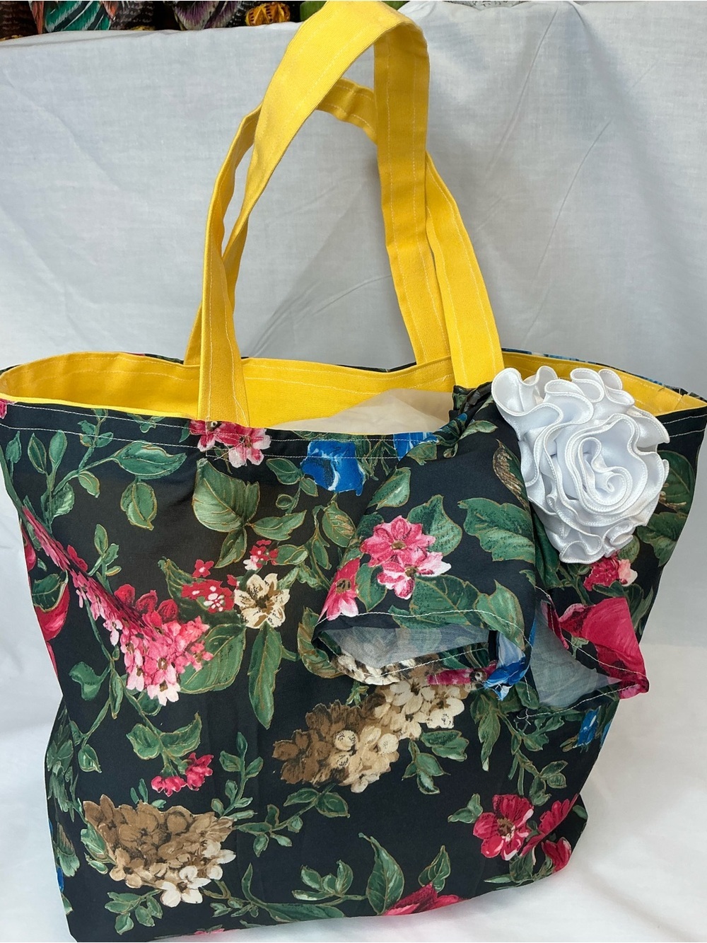 2034 - Handmade Sunny Yellow Canvas Tote with Floral Scarf and Rosette - Picture 10 of 16